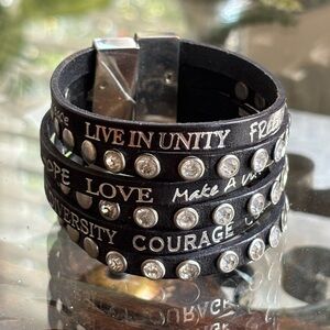 Black layered  Leather Bracelet with Silver Studs cuff silver slide lock